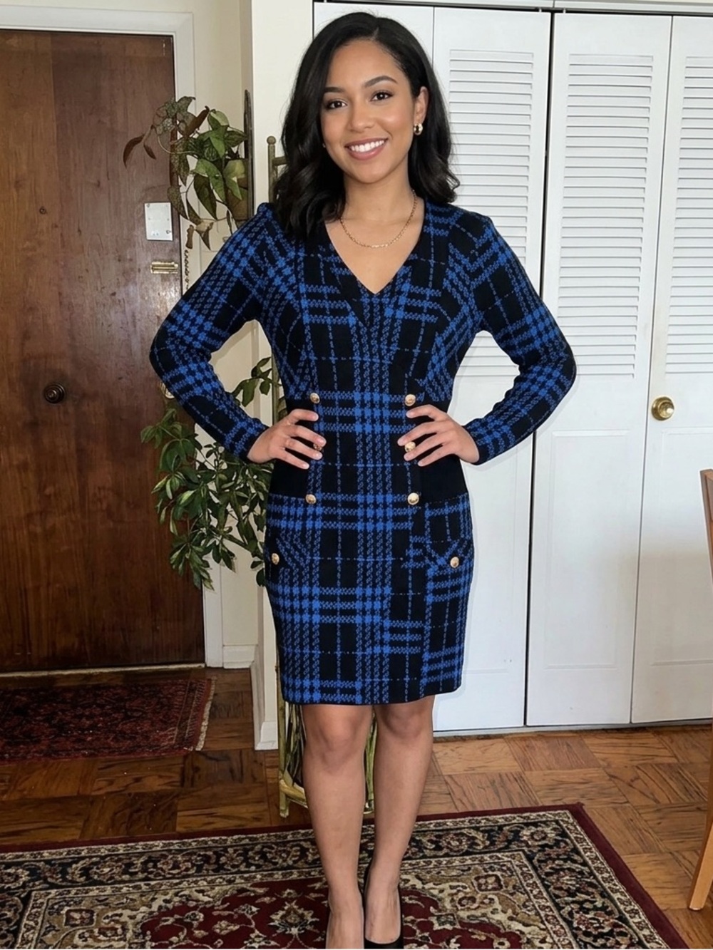 VENUS Blue and Black Checkered Long Sleeve Dress